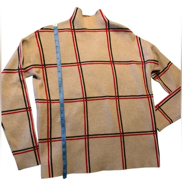 Tahari Womens mock Turtleneck Sweater in Tan with Red Accents plaid - Picture 3 of 5